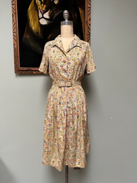 50s Sears Novelty Print Shirtwaist Dress S - image 3