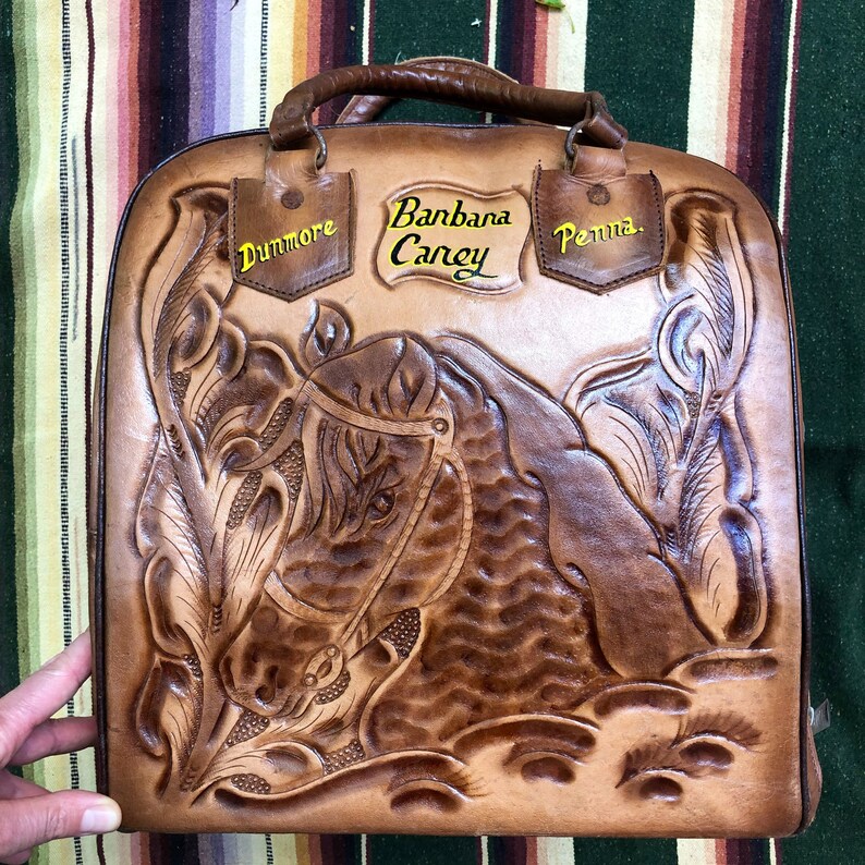 Vintage 1970s Tooled Leather LARGE Purse Bowling Bag Hand Etsy
