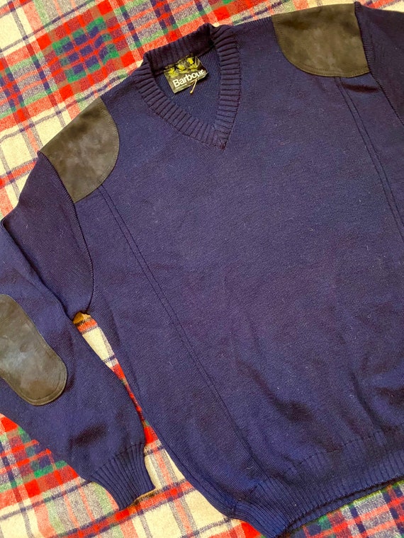 Vintage Barbour Wool Sweater Navy Jumper Suede 44 - image 9