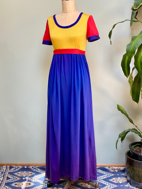 1960s Primary Color Block Jersey Maxi Dress Saks Robes by MW S 1960s Primary Color Block Jersey Maxi Dress Saks Robes by MW S