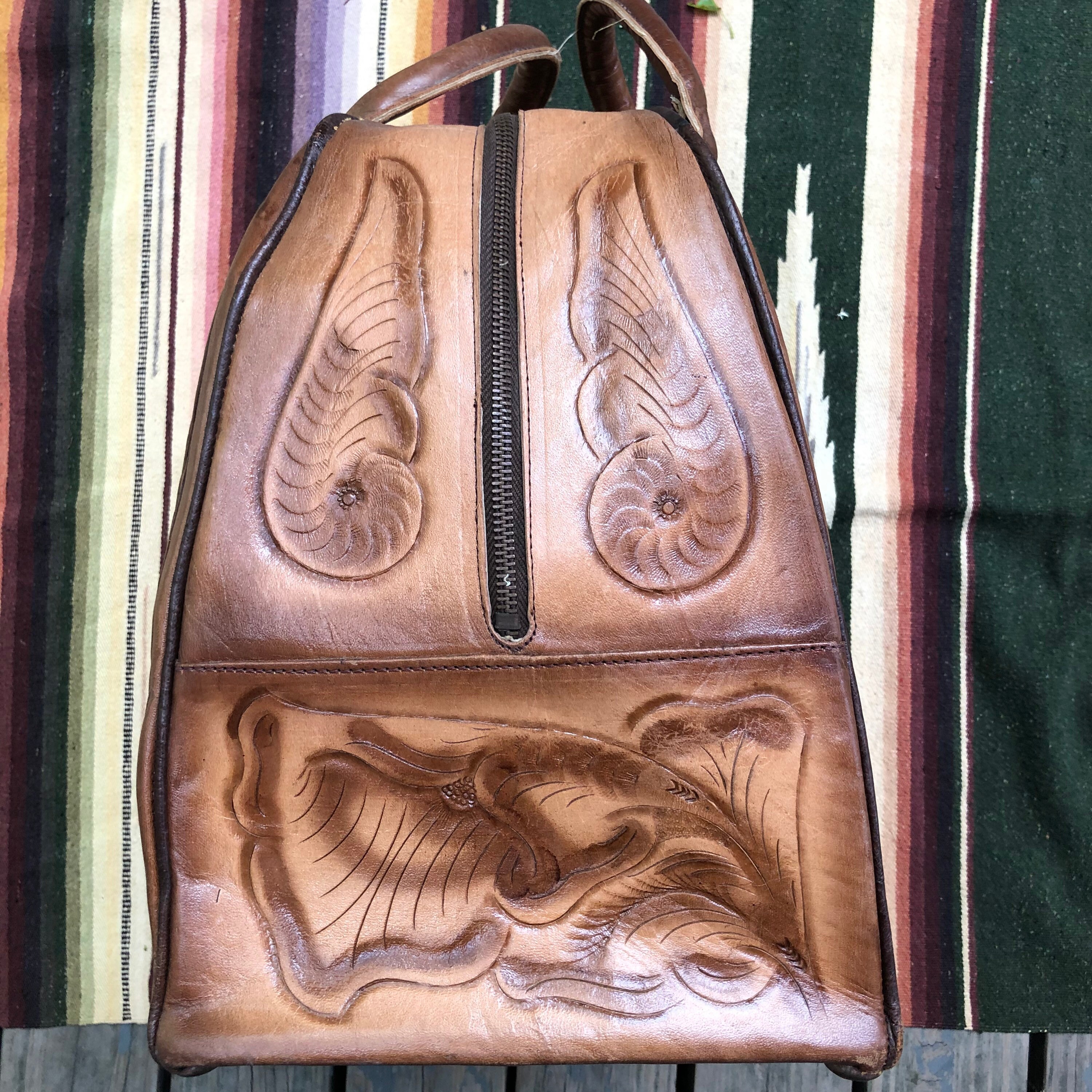 Vintage 1970s Tooled Leather LARGE Purse Bowling Bag Hand Etsy