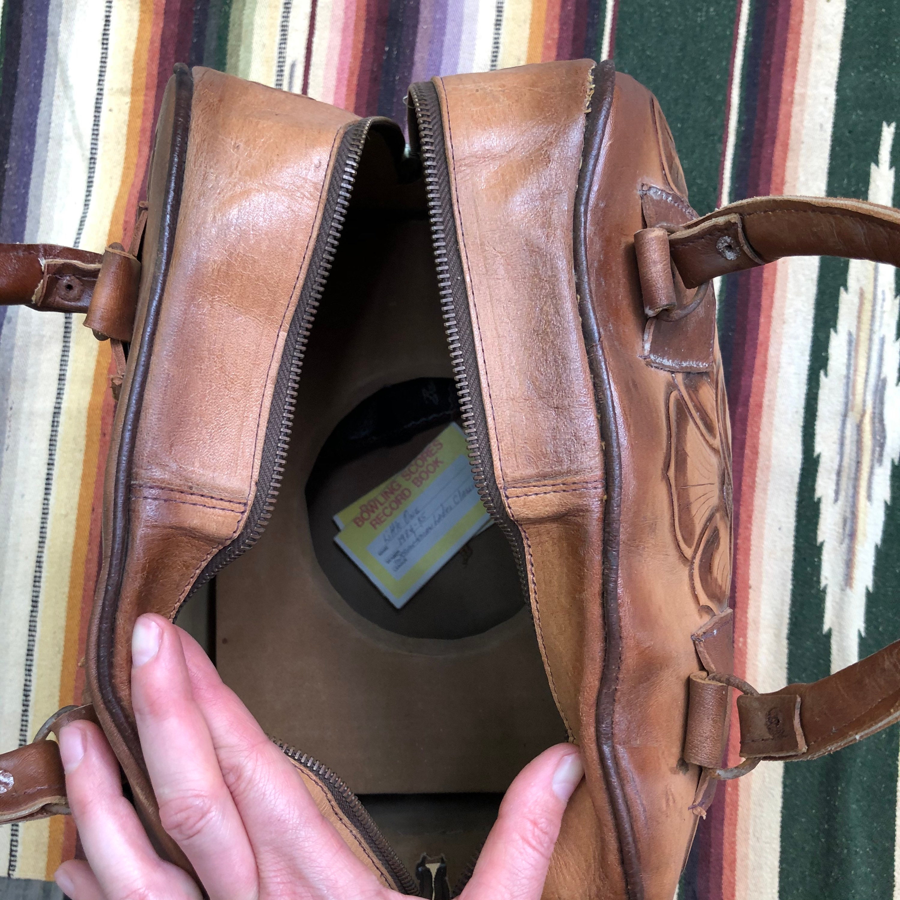 Vintage 1970s Tooled Leather LARGE Purse Bowling Bag Hand Etsy