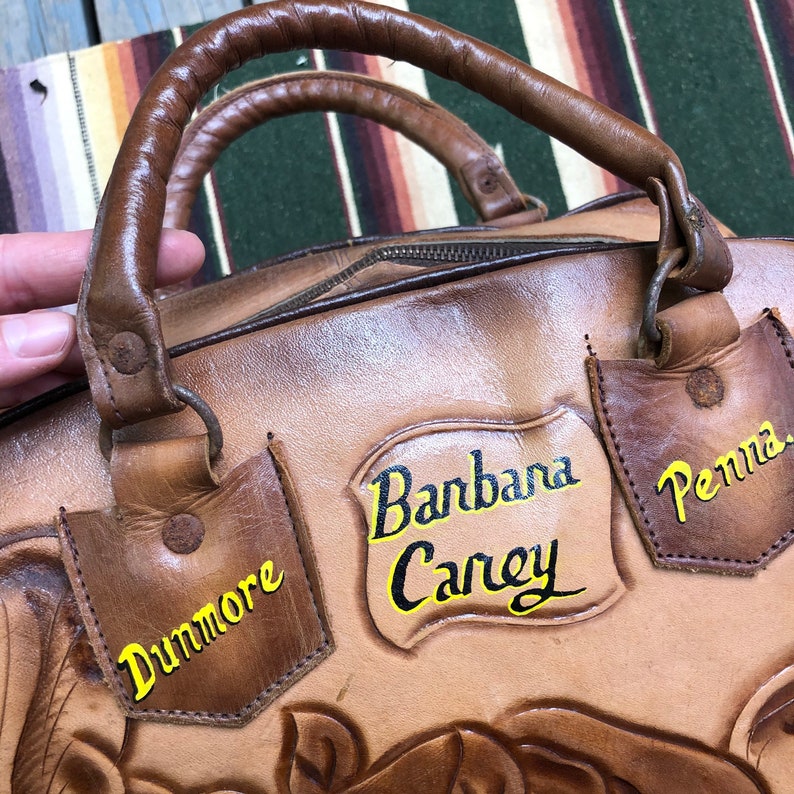 Vintage 1970s Tooled Leather LARGE Purse Bowling Bag Hand Etsy
