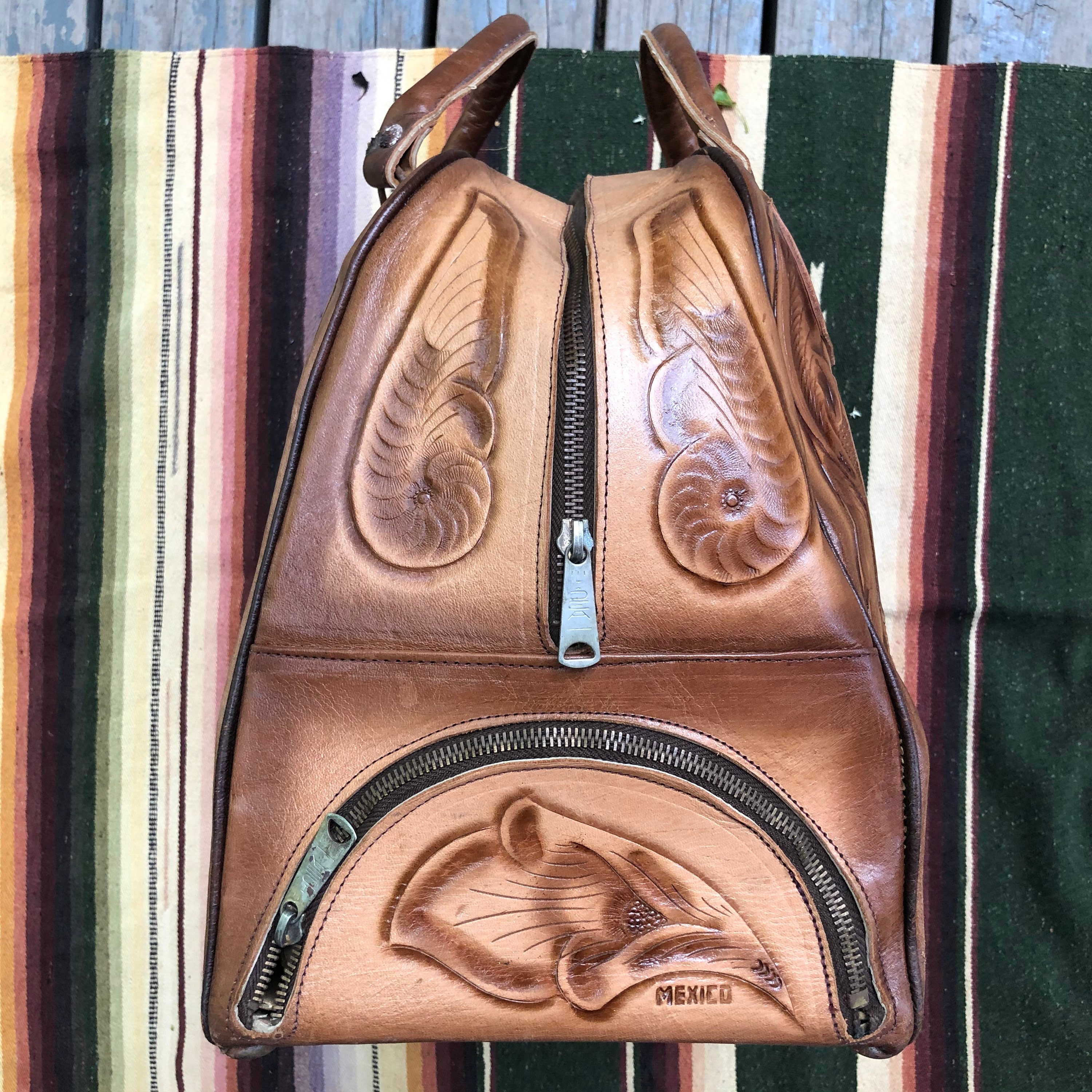 Vintage 1970s Tooled Leather LARGE Purse Bowling Bag Hand Etsy