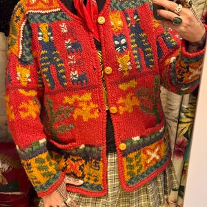 1990s Handknit Wool Chunky Express Cardigan Funky Cats L - Etsy
