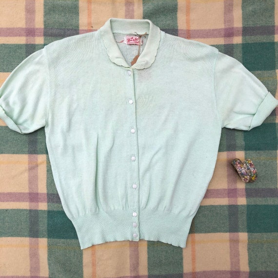 Vintage 1950s Seafoam Cardigan Sweater Short Sleev