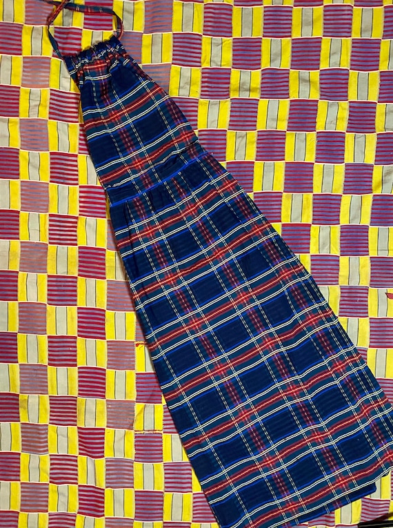 Vintage Plaid Halter 1970s Maxi Pinafore Bib Dress