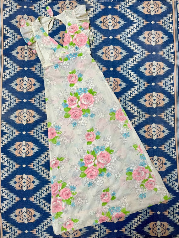 70s Floral Maxi Dress Flutter Sleeves S