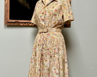 50s Sears Novelty Print Shirtwaist Dress S