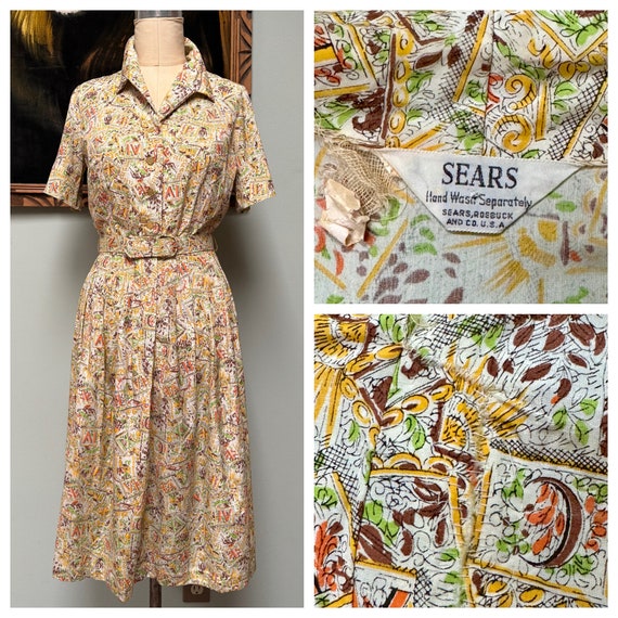 50s Sears Novelty Print Shirtwaist Dress S - image 7