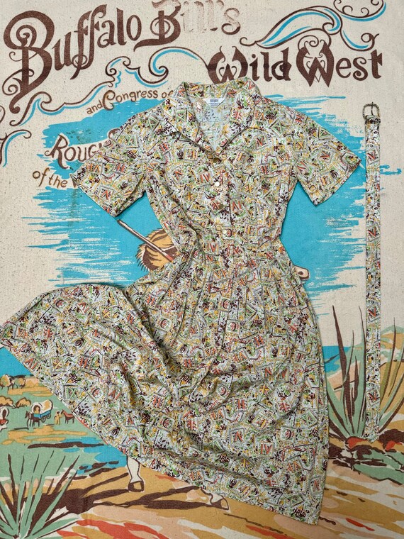 50s Sears Novelty Print Shirtwaist Dress S - image 2