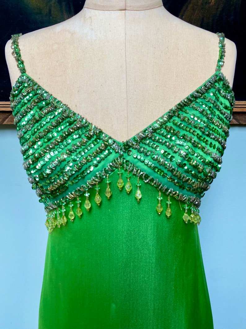 Vintage 60's Lime Arsenic Green Beaded Maxi Dress Gown S Etsy