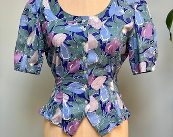 Vintage Cacharel 1970s does 30s Floral Tulip Cotton Blouse