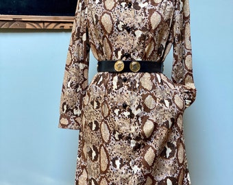 1960s Snake Print Polished Cotton Mod Shift Dress M