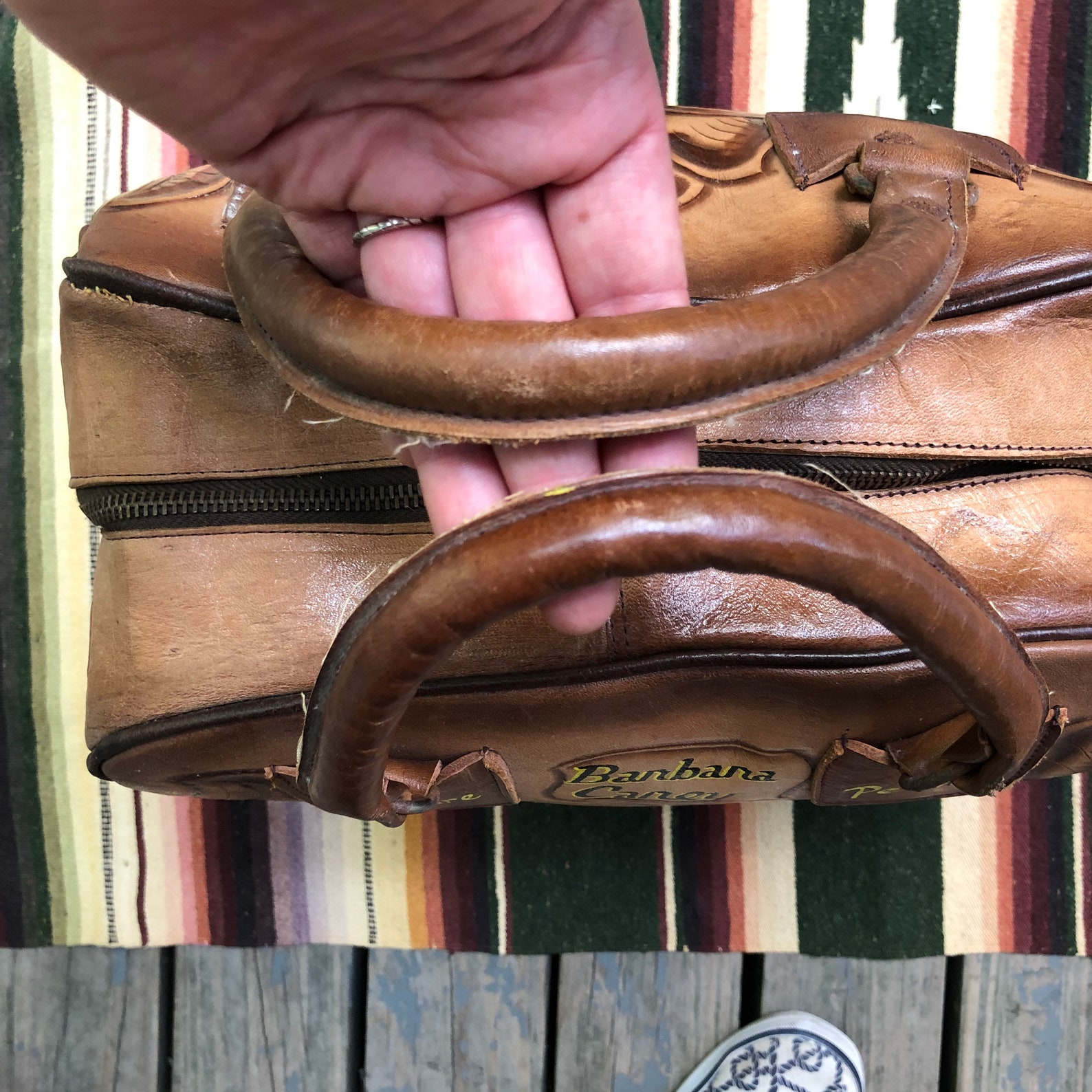 Vintage 1970s Tooled Leather LARGE Purse Bowling Bag Hand Etsy