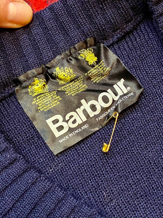 Vintage Barbour Wool Sweater Navy Jumper Suede 44 - image 3