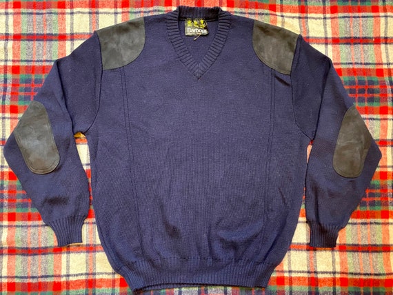Vintage Barbour Wool Sweater Navy Jumper Suede 44 - image 7
