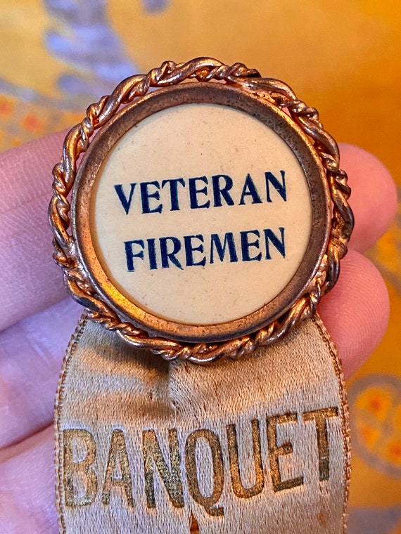 Antique 1900s Veteran Firemen Celluloid Pin Ribbon - image 3