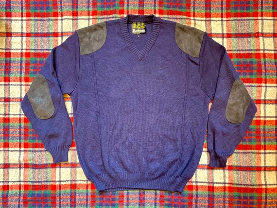 Vintage Barbour Wool Sweater Navy Jumper Suede 44 - image 2