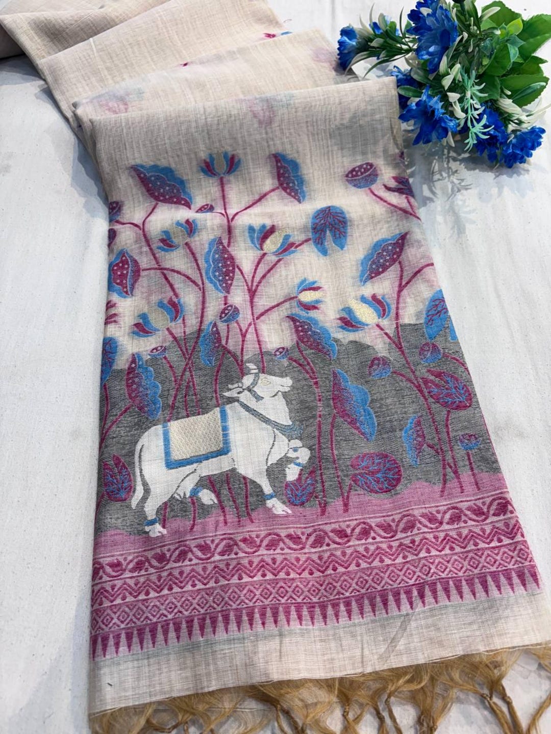 Pink Muga Cotton Saree with Thread Woven Flower Design