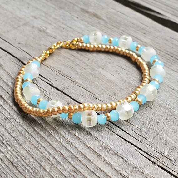 Blue and Gold Double Strand Bracelet / Seed Bead Bracelet / | Etsy