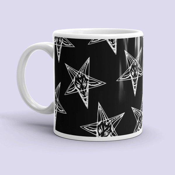 Black/White Baphomet mug|Inverted pentagram|Horror mug|Gothic mug|Gothic home decor|Lucifer Satan cup|Satanic decor|Pagan Decor|Gothic cup