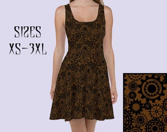 Gears & Cogs Steampunk dress|Steampunk clothing women|Circle skirt sleeveless brown dress|Plus size steampunk dress|Steampunk costume women