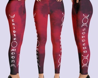 Red TRIPLE MOON GODDESS Gothic leggings|Plus Size Goth|Tie dye leggings|Gothic pants|Wicca Pagan clothing|Wiccan clothing|Witch leggings