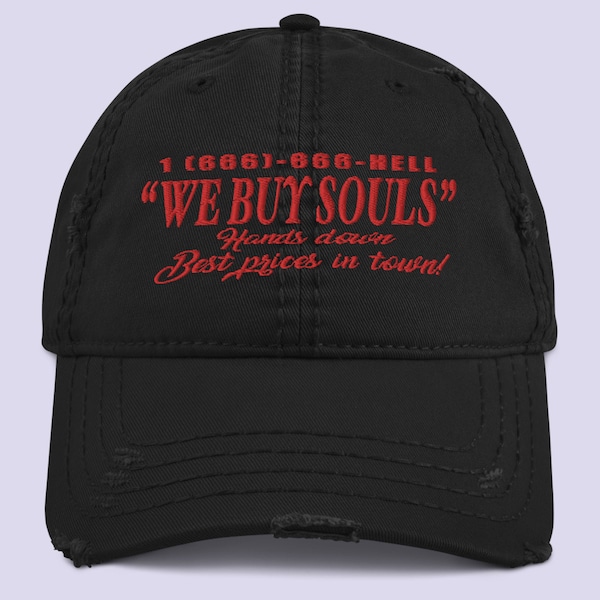 Nous achetons des âmes casquette noire en détresse| Chapeau satanique| Église de Satan| Vêtements païens| Thrasher Nu goth Wiccan vêtements| Sigil de Lucifer| Salut Satan