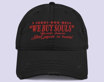We Buy Souls black distressed cap|Satanic hat|Church Of Satan|Pagan clothing|Thrasher Nu goth Wiccan clothing|Sigil of Lucifer|Hail Satan