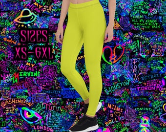 Neon Yellow leggings|80s 90s Retro Style Neon leggings|Plus size leggings|Workout leggings|Womens Yoga leggings high waist|Neon Gym leggings