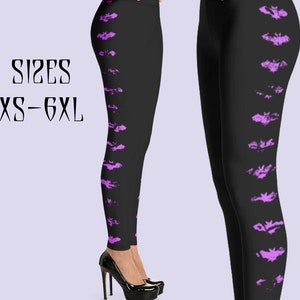 May include: Black leggings with a purple bat pattern. The leggings are shown on a model and the text "SIZES XS-6XL" is displayed on the image.