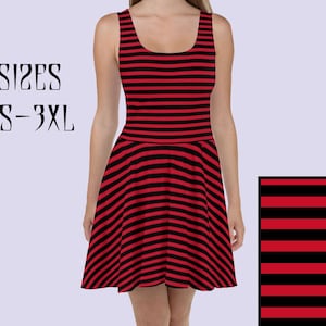 May include: Red and black striped skater dress with a scoop neck and sleeveless design. Sizes XS-3XL.