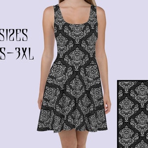 Damask circle skirt dress|Black Gothic dress|Skater Dress|Plus size Goth dress|Halloween dress|Gothic clothing women|Plus size gothic dress