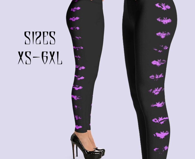 May include: Black leggings with a purple bat pattern. The leggings are shown on a model and the text "SIZES XS-6XL" is displayed on the image.