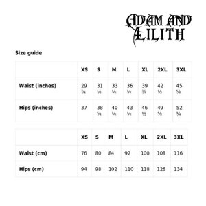May include: Size chart for clothing in inches and centimeters. The chart shows sizes XS through 3XL with measurements for waist and hips.