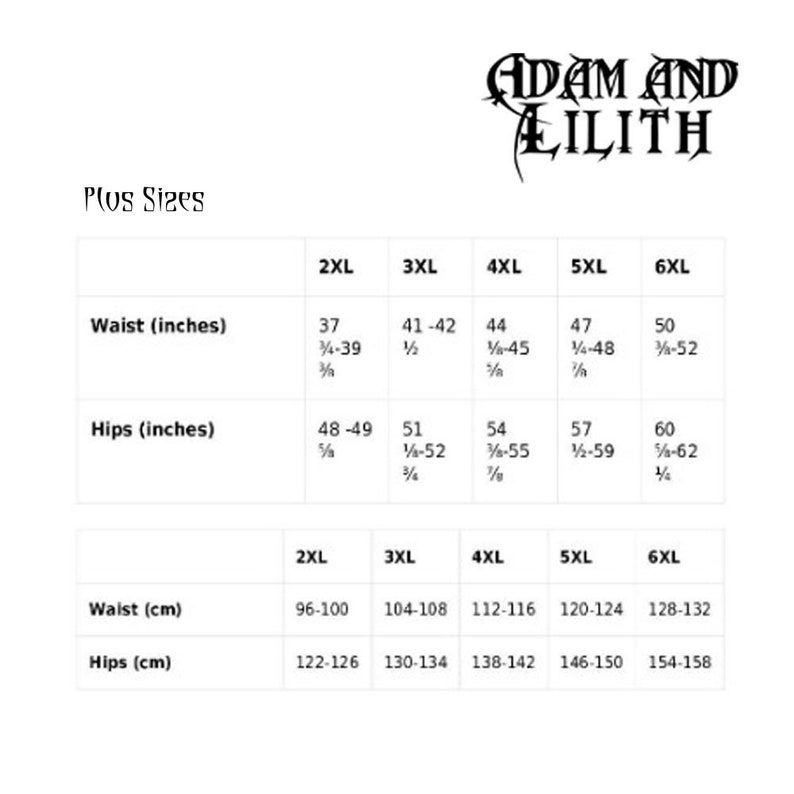 May include: Size chart for plus sizes in inches and centimeters. The chart shows waist and hip measurements for sizes 2XL, 3XL, 4XL, 5XL, and 6XL.