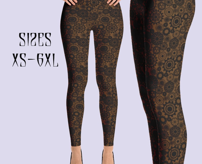May include: Brown and black leggings with a repeating pattern of gears and cogs. The leggings are available in sizes XS-6XL.