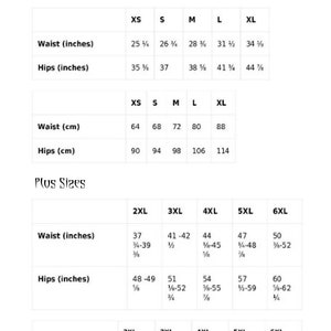 May include: Size chart for clothing in inches and centimeters. The chart includes standard sizes XS, S, M, L, XL, and plus sizes 2XL, 3XL, 4XL, 5XL, and 6XL. The chart shows waist and hip measurements.