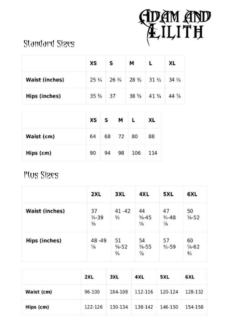 May include: Size chart for clothing in inches and centimeters. The chart includes standard sizes XS, S, M, L, XL, and plus sizes 2XL, 3XL, 4XL, 5XL, and 6XL. The chart shows waist and hip measurements.