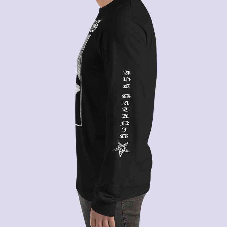 May include: Black long-sleeve shirt with a white graphic print of a pentagram and the text "Ave Satanas".