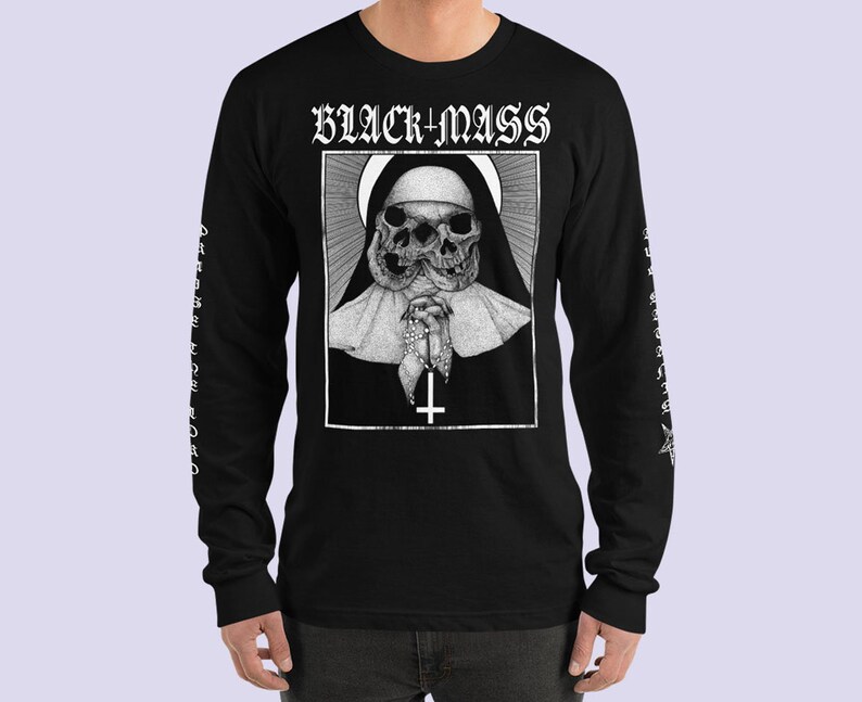 May include: Black long-sleeve t-shirt with a graphic of a nun with a skull face, praying with a rosary. The text "BLACK+MASS" is printed above the graphic.