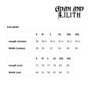 May include: Size chart for a t-shirt in inches and centimeters. The chart shows the length and width of the shirt in different sizes: S, M, L, XL, 2XL, and 3XL.