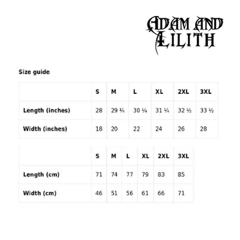 May include: Size chart for a t-shirt in inches and centimeters. The chart shows the length and width of the shirt in different sizes: S, M, L, XL, 2XL, and 3XL.