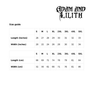 May include: Size chart for clothing in inches and centimeters. The chart shows the length and width of clothing in sizes S, M, L, XL, 2XL, 3XL, 4XL, and 5XL.