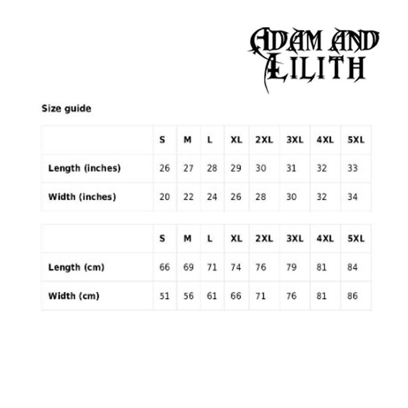 May include: Size chart for clothing in inches and centimeters. The chart shows the length and width of clothing in sizes S, M, L, XL, 2XL, 3XL, 4XL, and 5XL.
