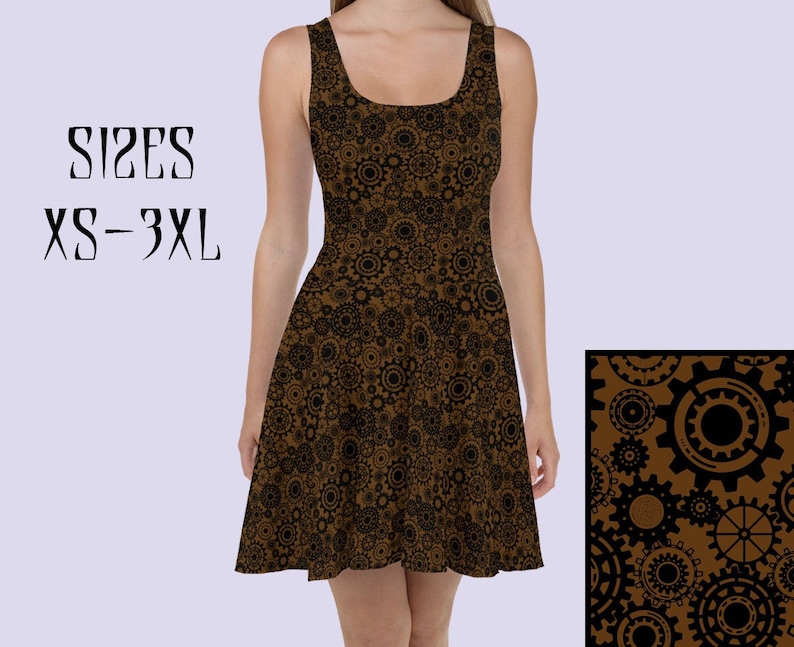 May include: A brown skater dress with a black and brown gear pattern. The dress has a scoop neck and sleeveless design. The dress is available in sizes XS-3XL.