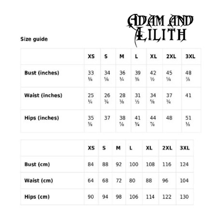 May include: Size chart for clothing in inches and centimeters. The chart shows sizes XS through 3XL with measurements for bust, waist, and hips.