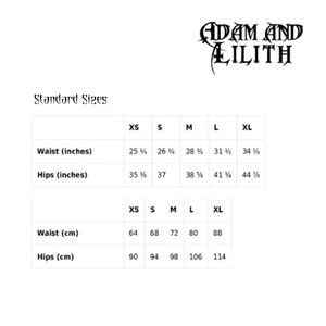 May include: Size chart for clothing in inches and centimeters. The chart shows sizes XS, S, M, L, and XL with corresponding waist and hip measurements.