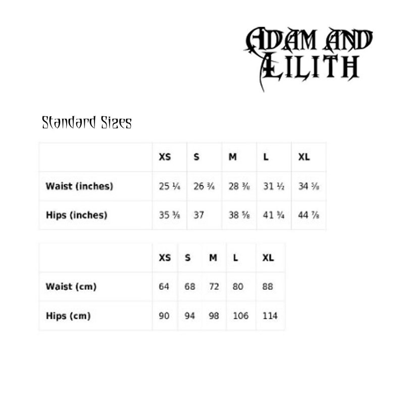 May include: Size chart for clothing in inches and centimeters. The chart shows sizes XS, S, M, L, and XL with corresponding waist and hip measurements.